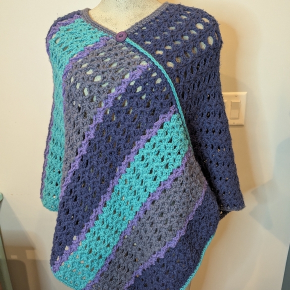 Peacock Artisan Knit Hand Poncho Sweater, Blue, Purple, Teal One Size Acrylic - Picture 10 of 13